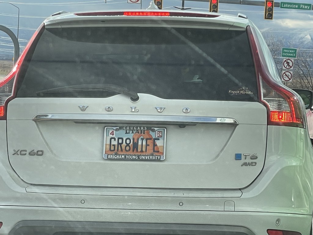 License plate: GR8WIFE